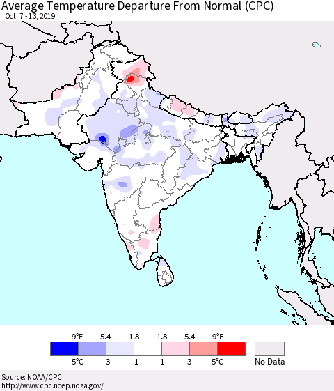 Southern Asia Average Temperature Departure from Normal (CPC) Thematic Map For 10/7/2019 - 10/13/2019