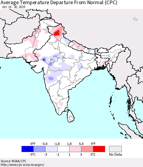 Southern Asia Average Temperature Departure from Normal (CPC) Thematic Map For 10/14/2019 - 10/20/2019