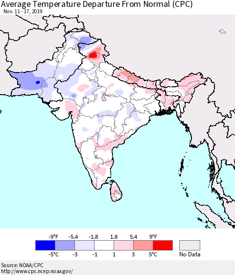 Southern Asia Average Temperature Departure from Normal (CPC) Thematic Map For 11/11/2019 - 11/17/2019