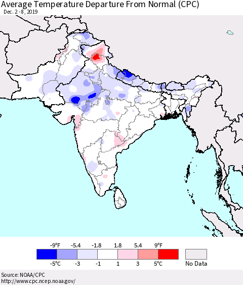 Southern Asia Average Temperature Departure from Normal (CPC) Thematic Map For 12/2/2019 - 12/8/2019