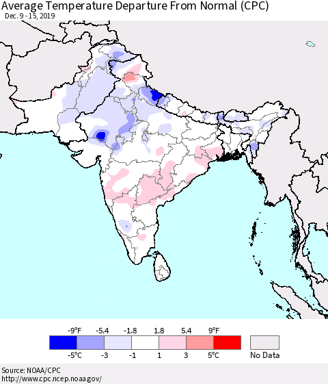 Southern Asia Average Temperature Departure from Normal (CPC) Thematic Map For 12/9/2019 - 12/15/2019