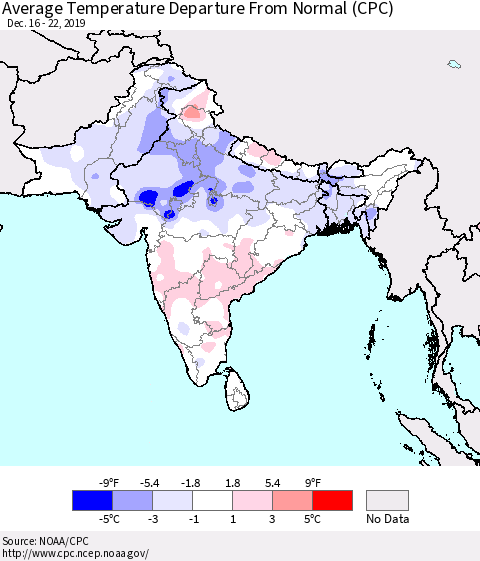 Southern Asia Average Temperature Departure from Normal (CPC) Thematic Map For 12/16/2019 - 12/22/2019