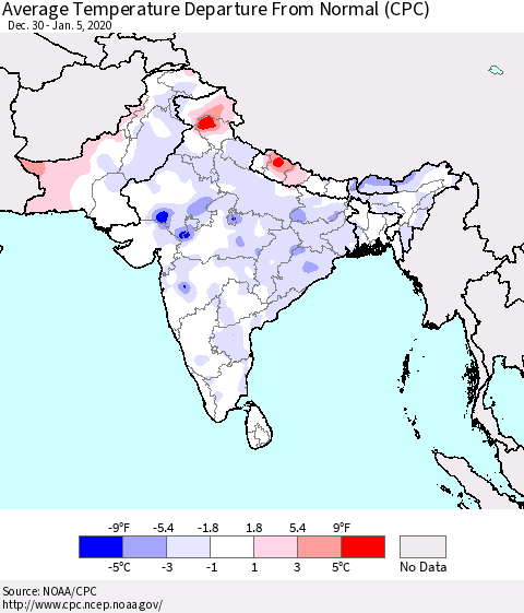 Southern Asia Average Temperature Departure from Normal (CPC) Thematic Map For 12/30/2019 - 1/5/2020