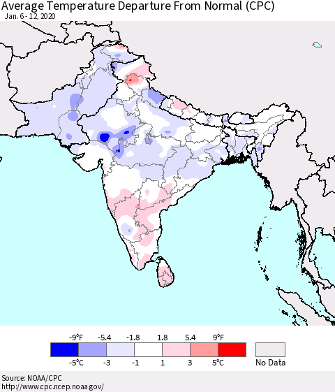 Southern Asia Average Temperature Departure from Normal (CPC) Thematic Map For 1/6/2020 - 1/12/2020
