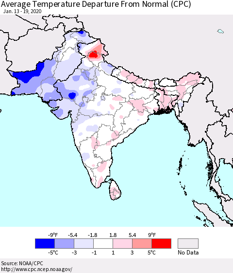 Southern Asia Average Temperature Departure from Normal (CPC) Thematic Map For 1/13/2020 - 1/19/2020