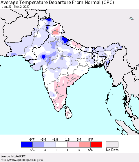 Southern Asia Average Temperature Departure from Normal (CPC) Thematic Map For 1/27/2020 - 2/2/2020