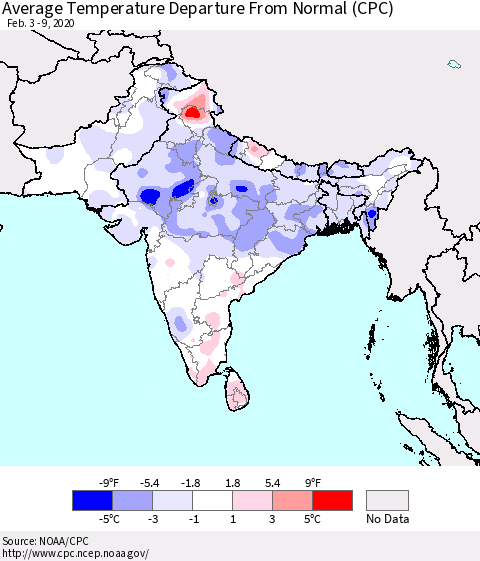 Southern Asia Average Temperature Departure from Normal (CPC) Thematic Map For 2/3/2020 - 2/9/2020