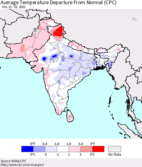 Southern Asia Average Temperature Departure from Normal (CPC) Thematic Map For 2/10/2020 - 2/16/2020