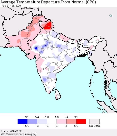 Southern Asia Average Temperature Departure from Normal (CPC) Thematic Map For 2/17/2020 - 2/23/2020