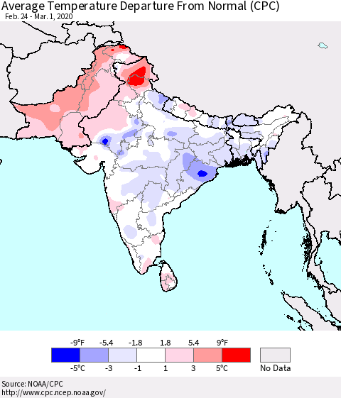 Southern Asia Average Temperature Departure from Normal (CPC) Thematic Map For 2/24/2020 - 3/1/2020