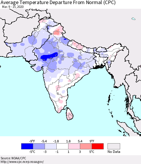 Southern Asia Average Temperature Departure from Normal (CPC) Thematic Map For 3/9/2020 - 3/15/2020