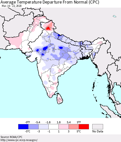 Southern Asia Average Temperature Departure from Normal (CPC) Thematic Map For 3/16/2020 - 3/22/2020