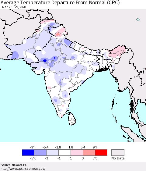 Southern Asia Average Temperature Departure from Normal (CPC) Thematic Map For 3/23/2020 - 3/29/2020