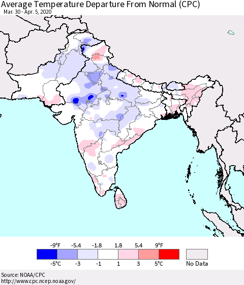 Southern Asia Average Temperature Departure from Normal (CPC) Thematic Map For 3/30/2020 - 4/5/2020