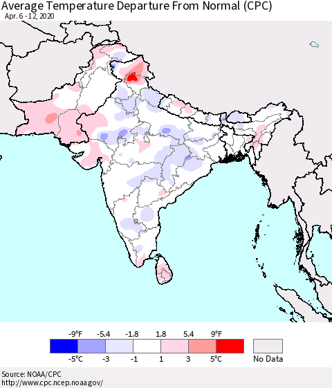 Southern Asia Average Temperature Departure from Normal (CPC) Thematic Map For 4/6/2020 - 4/12/2020