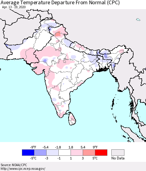 Southern Asia Average Temperature Departure from Normal (CPC) Thematic Map For 4/13/2020 - 4/19/2020