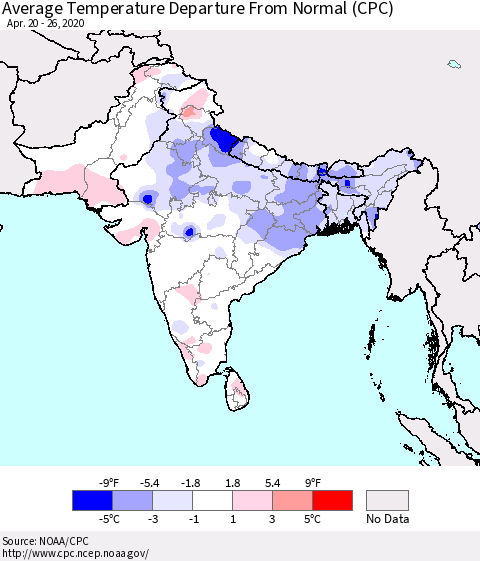 Southern Asia Average Temperature Departure from Normal (CPC) Thematic Map For 4/20/2020 - 4/26/2020