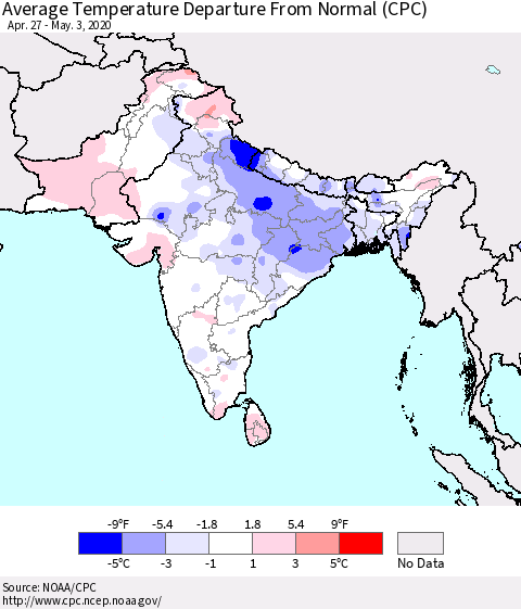Southern Asia Average Temperature Departure from Normal (CPC) Thematic Map For 4/27/2020 - 5/3/2020