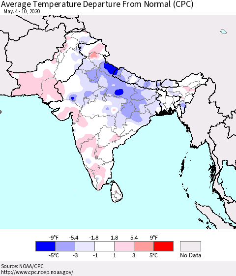 Southern Asia Average Temperature Departure from Normal (CPC) Thematic Map For 5/4/2020 - 5/10/2020