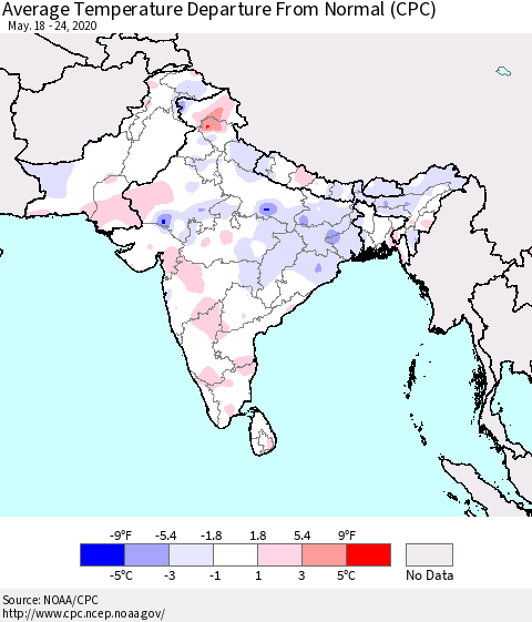 Southern Asia Average Temperature Departure From Normal (CPC) Thematic Map For 5/18/2020 - 5/24/2020