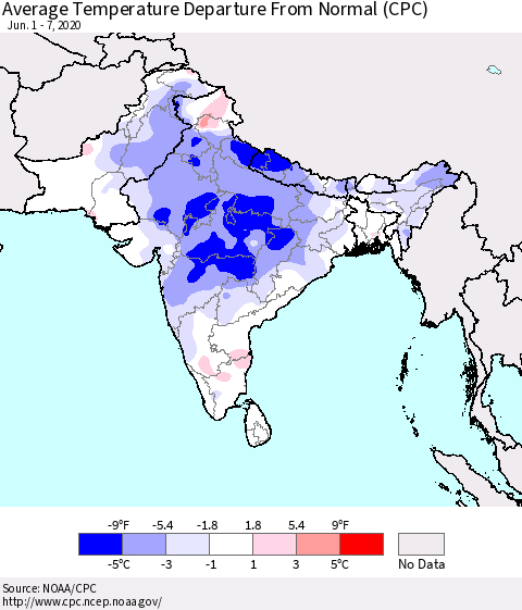 Southern Asia Average Temperature Departure from Normal (CPC) Thematic Map For 6/1/2020 - 6/7/2020