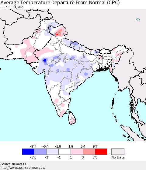 Southern Asia Average Temperature Departure From Normal (CPC) Thematic Map For 6/8/2020 - 6/14/2020