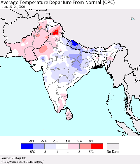 Southern Asia Average Temperature Departure from Normal (CPC) Thematic Map For 6/15/2020 - 6/21/2020
