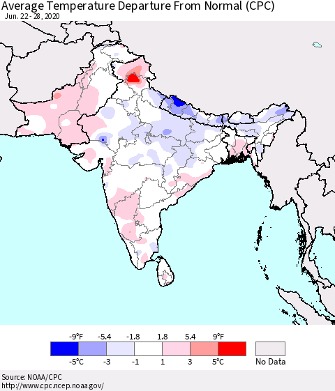 Southern Asia Average Temperature Departure from Normal (CPC) Thematic Map For 6/22/2020 - 6/28/2020