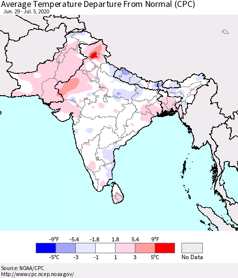 Southern Asia Average Temperature Departure from Normal (CPC) Thematic Map For 6/29/2020 - 7/5/2020