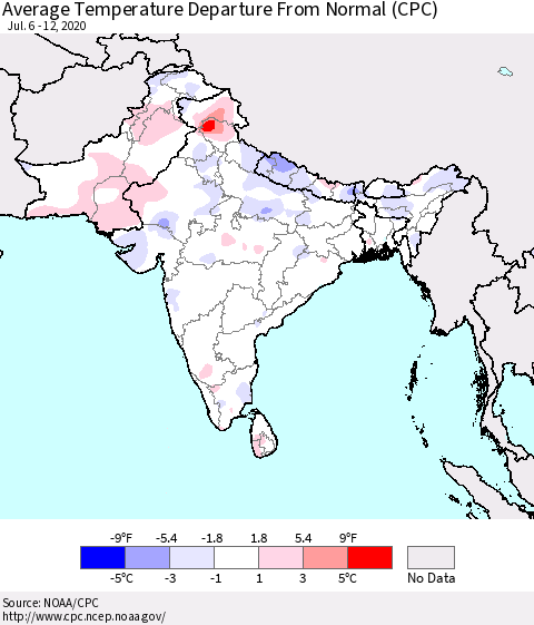 Southern Asia Average Temperature Departure from Normal (CPC) Thematic Map For 7/6/2020 - 7/12/2020