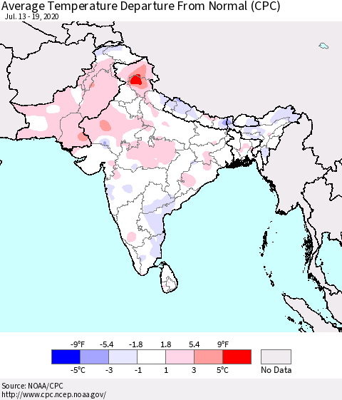 Southern Asia Average Temperature Departure from Normal (CPC) Thematic Map For 7/13/2020 - 7/19/2020