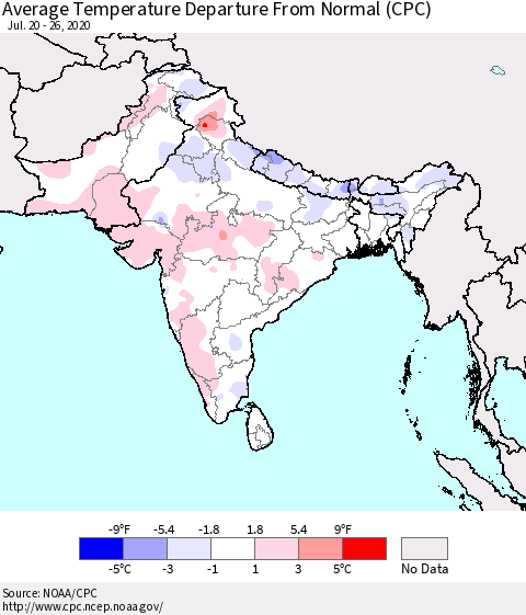 Southern Asia Average Temperature Departure from Normal (CPC) Thematic Map For 7/20/2020 - 7/26/2020