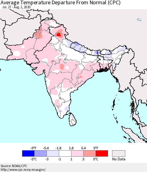 Southern Asia Average Temperature Departure From Normal (CPC) Thematic Map For 7/27/2020 - 8/2/2020