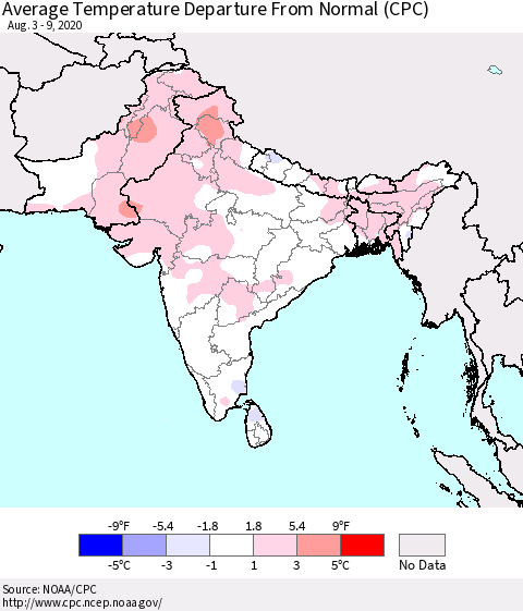 Southern Asia Average Temperature Departure from Normal (CPC) Thematic Map For 8/3/2020 - 8/9/2020