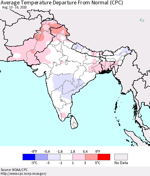 Southern Asia Average Temperature Departure from Normal (CPC) Thematic Map For 8/10/2020 - 8/16/2020