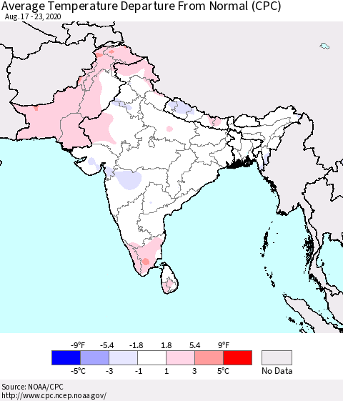 Southern Asia Average Temperature Departure from Normal (CPC) Thematic Map For 8/17/2020 - 8/23/2020