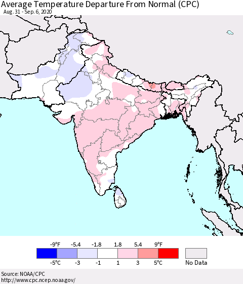 Southern Asia Average Temperature Departure from Normal (CPC) Thematic Map For 8/31/2020 - 9/6/2020