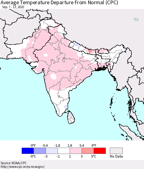 Southern Asia Average Temperature Departure from Normal (CPC) Thematic Map For 9/7/2020 - 9/13/2020