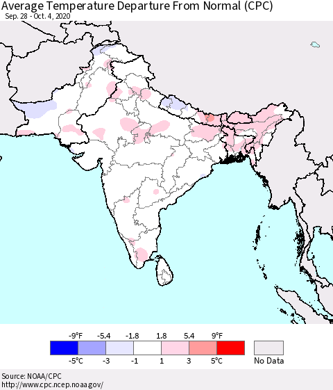 Southern Asia Average Temperature Departure from Normal (CPC) Thematic Map For 9/28/2020 - 10/4/2020