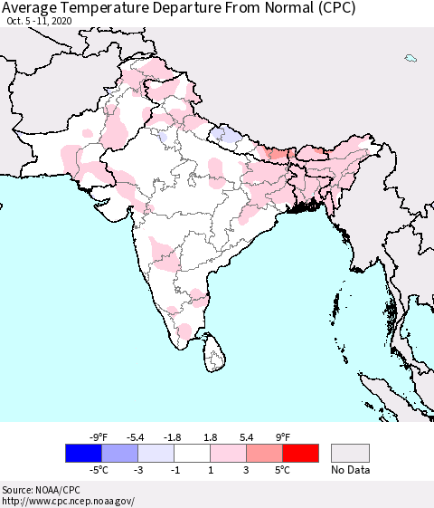 Southern Asia Average Temperature Departure from Normal (CPC) Thematic Map For 10/5/2020 - 10/11/2020