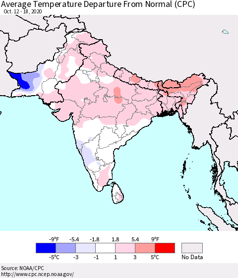Southern Asia Average Temperature Departure from Normal (CPC) Thematic Map For 10/12/2020 - 10/18/2020