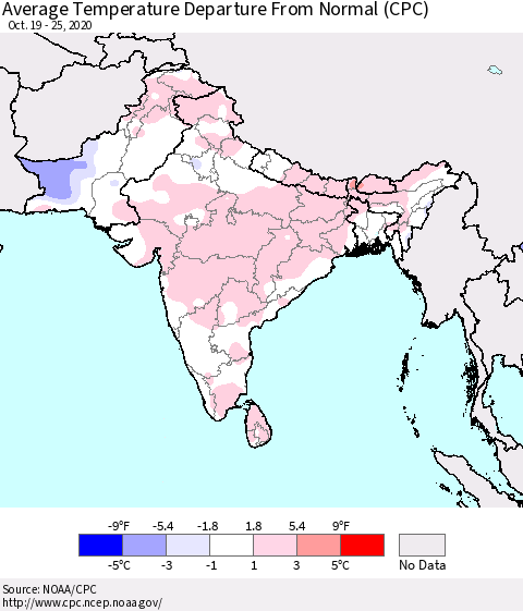 Southern Asia Average Temperature Departure from Normal (CPC) Thematic Map For 10/19/2020 - 10/25/2020