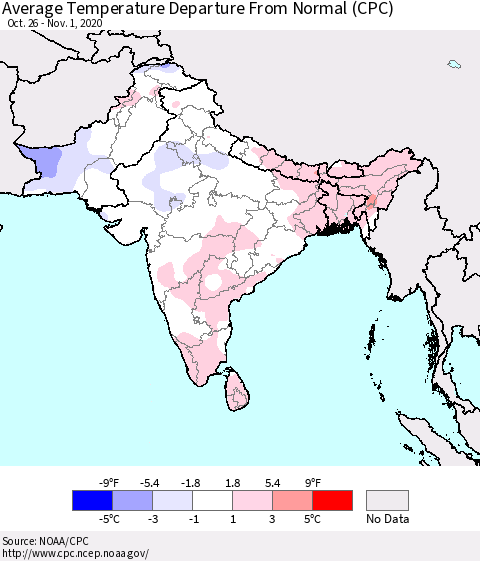 Southern Asia Average Temperature Departure from Normal (CPC) Thematic Map For 10/26/2020 - 11/1/2020