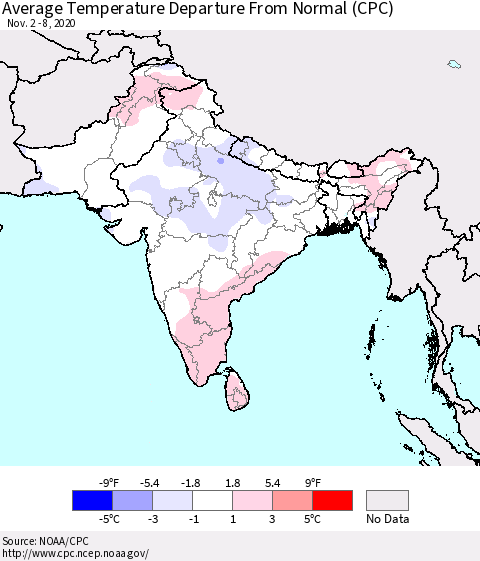 Southern Asia Average Temperature Departure from Normal (CPC) Thematic Map For 11/2/2020 - 11/8/2020