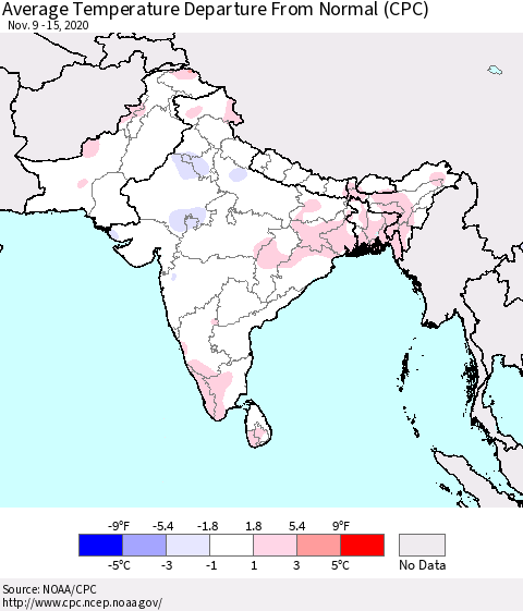 Southern Asia Average Temperature Departure from Normal (CPC) Thematic Map For 11/9/2020 - 11/15/2020