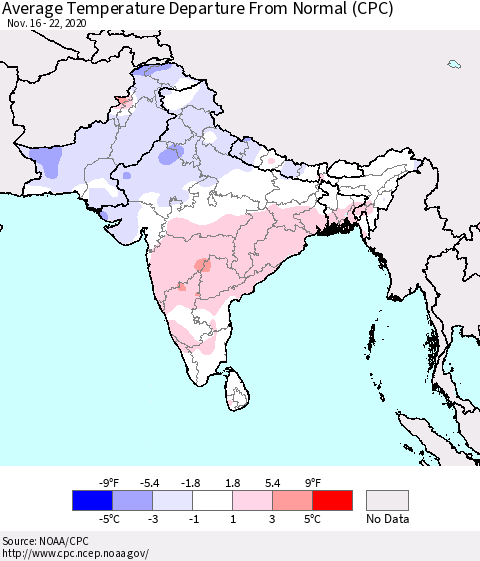 Southern Asia Average Temperature Departure from Normal (CPC) Thematic Map For 11/16/2020 - 11/22/2020