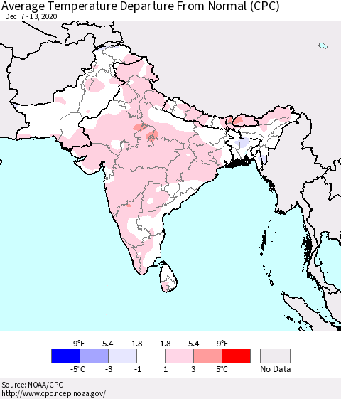 Southern Asia Average Temperature Departure from Normal (CPC) Thematic Map For 12/7/2020 - 12/13/2020