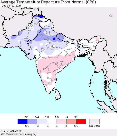 Southern Asia Average Temperature Departure from Normal (CPC) Thematic Map For 12/14/2020 - 12/20/2020