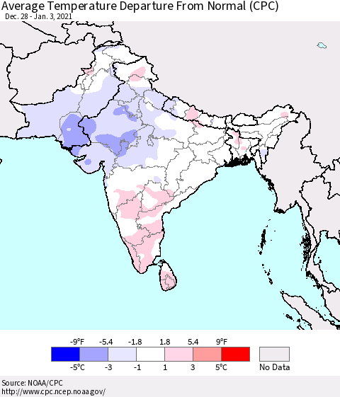 Southern Asia Average Temperature Departure from Normal (CPC) Thematic Map For 12/28/2020 - 1/3/2021