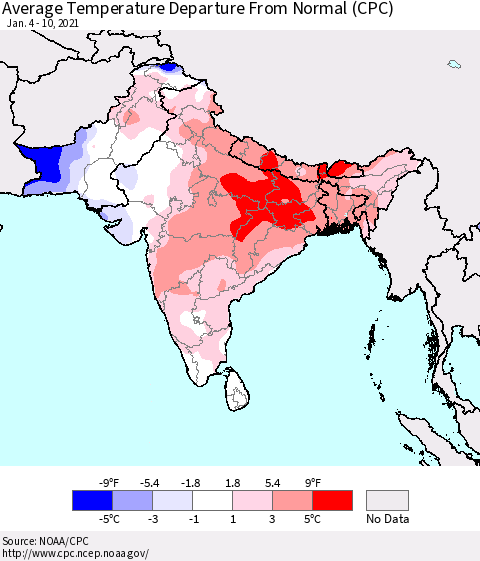 Southern Asia Average Temperature Departure from Normal (CPC) Thematic Map For 1/4/2021 - 1/10/2021